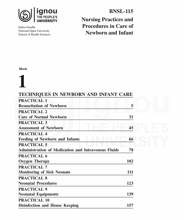 Buy BNSL-115 Nursing Practices and Procedures in Care of Newborn and Infant Practical