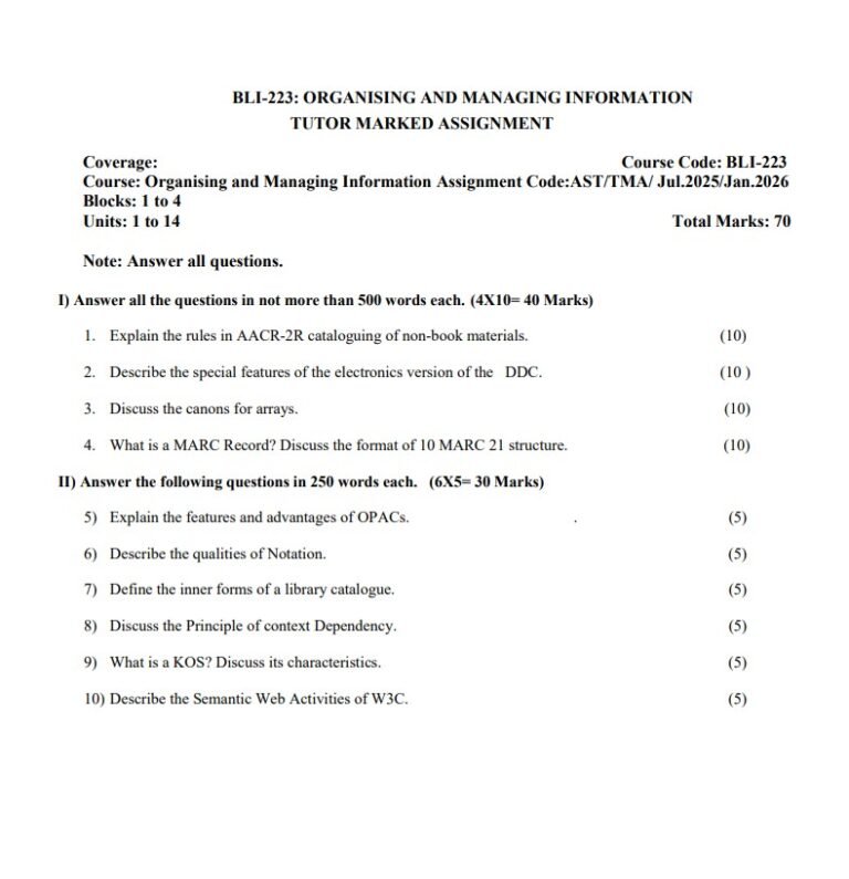 IGNOU BLI-223 Solved Assignment 2025-26 PDF (English)