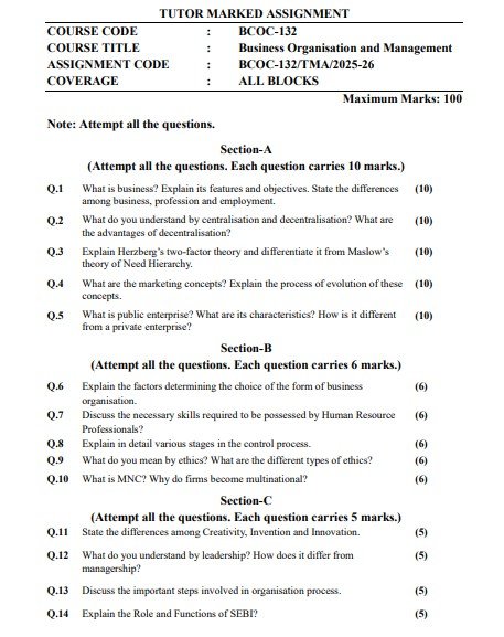 IGNOU BCOC-132 Solved Assignment 2025-26 PDF (English)