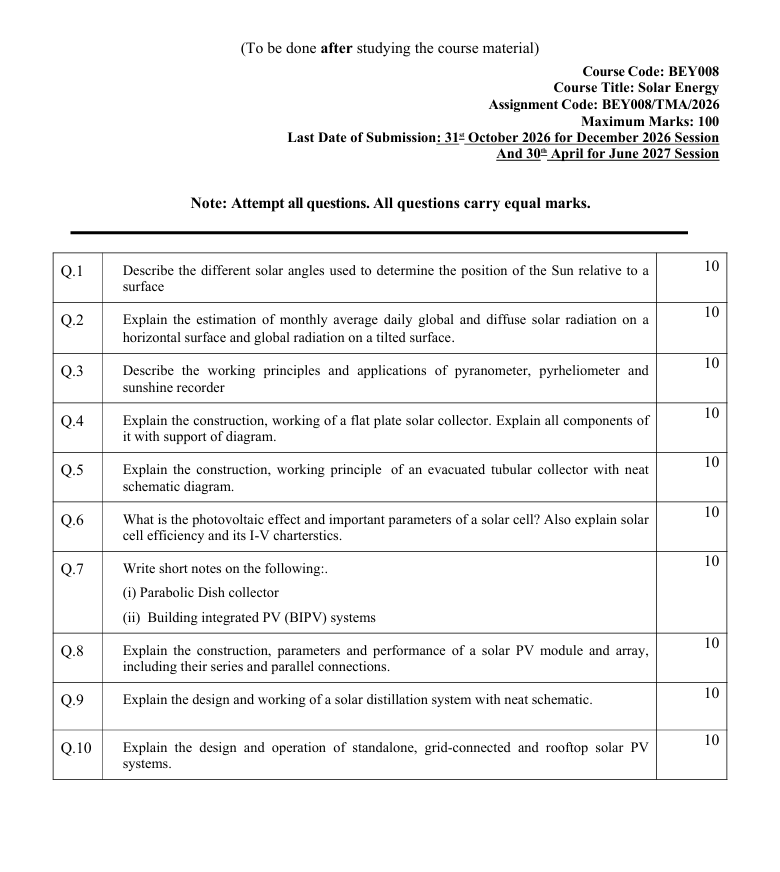 BEY-008 BEY-008 Solar Energy Assignment 2026 for IGNOU students. Check assignment details and submission dates.
