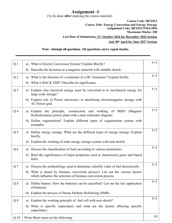 BEY-013 BEY-013 Energy Conversion and Energy Storage Assignment 2026 for IGNOU students. Check assignment details and submission dates.