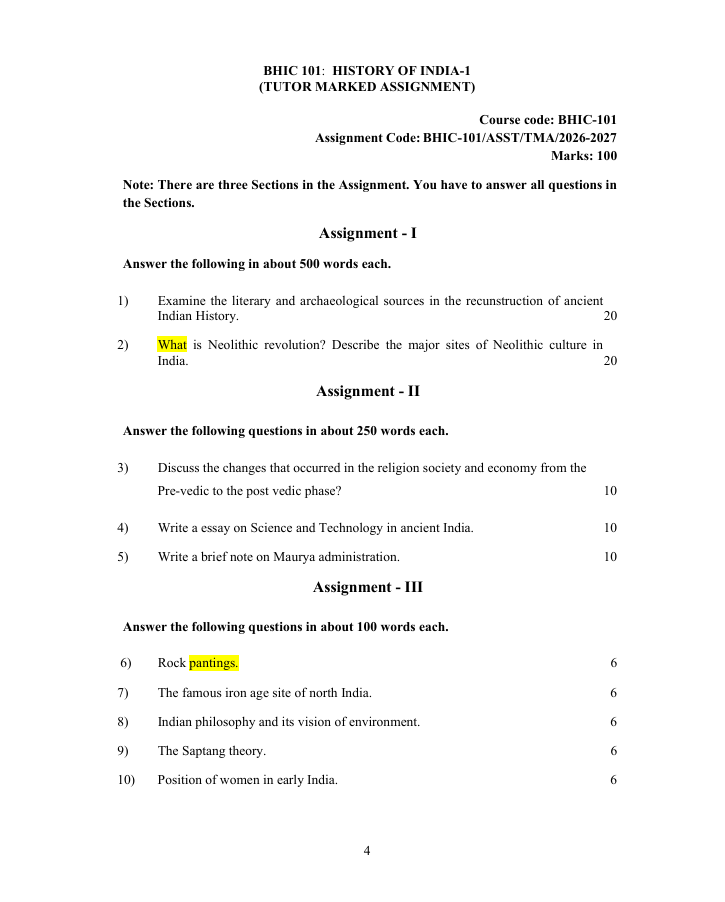 BHIC-101 History of India-I Assignment 2026-27 for IGNOU BAHIH and BAFHI students. Check assignment details and important questions.
