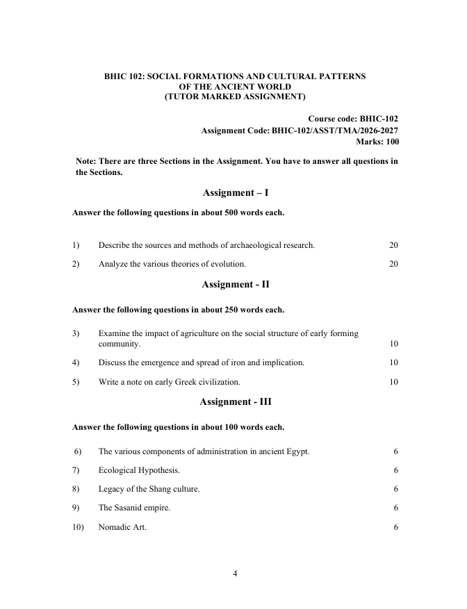 BHIC-102 Social Formations and Cultural Patterns of the Ancient World Assignment 2026-27 for IGNOU BAHIH and BAFHI students. Check assignment details and important questions.