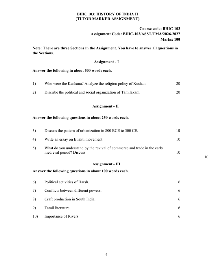 BHIC-103 History of India-II Assignment 2026-27 for IGNOU BAHIH and BAFHI students. Check assignment details and important questions.