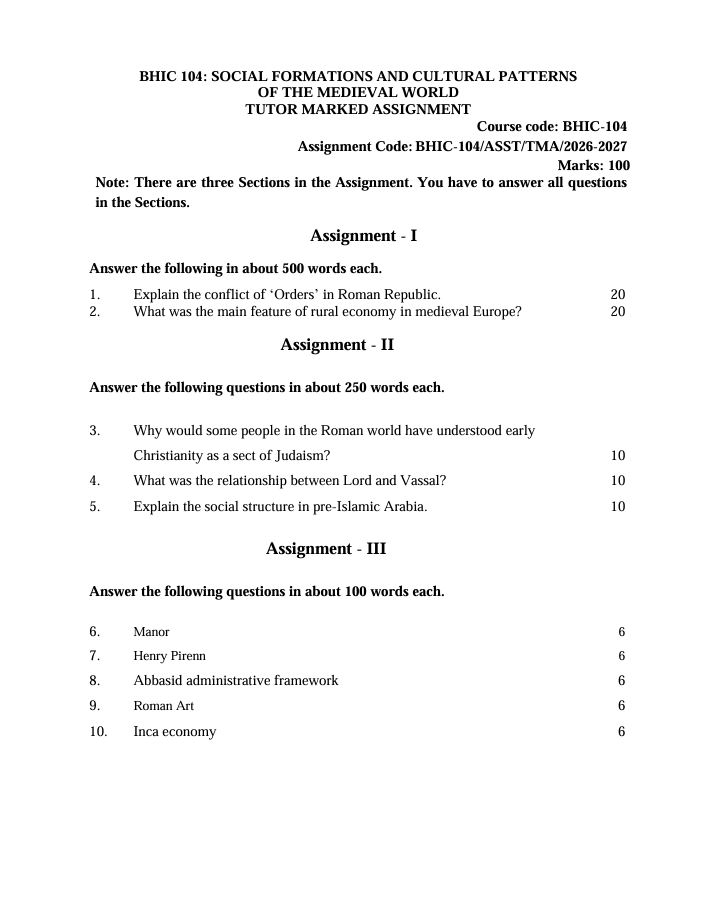 BHIC-104 Social Formations and Cultural Patterns of the Medieval World Assignment 2026-27 for IGNOU BAHIH and BAFHI students. Check assignment details and important questions.