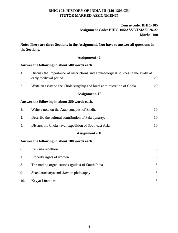 BHIC-105 History of India-III Assignment 2026-27 for IGNOU BAHIH and BAFHI students. Check assignment details and important questions.