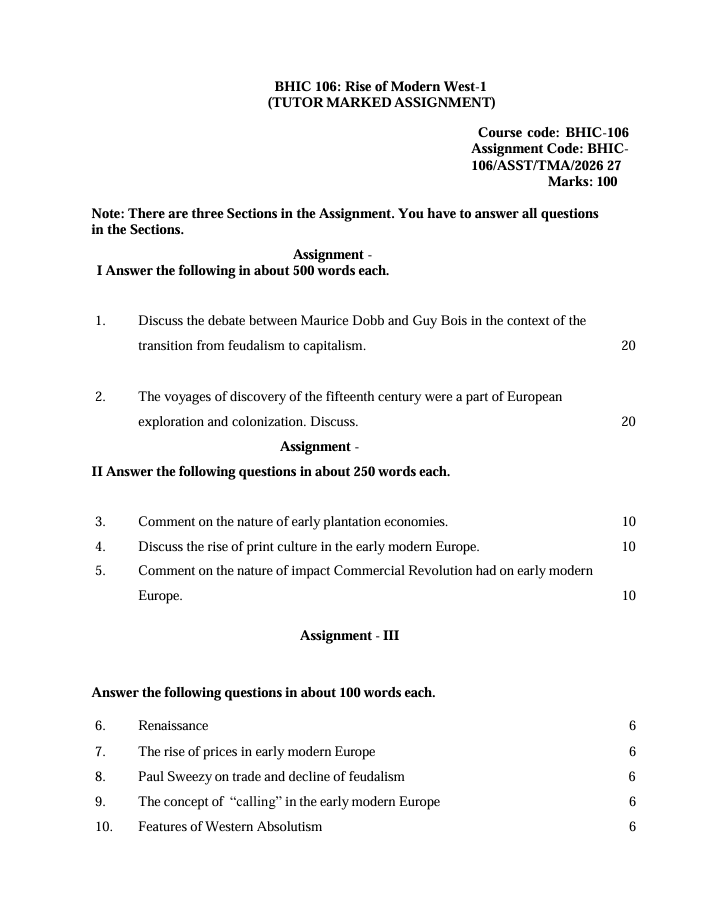 BHIC-106 Rise of Modern West-I Assignment 2026-27 for IGNOU BAHIH and BAFHI students. Check assignment details and important questions.