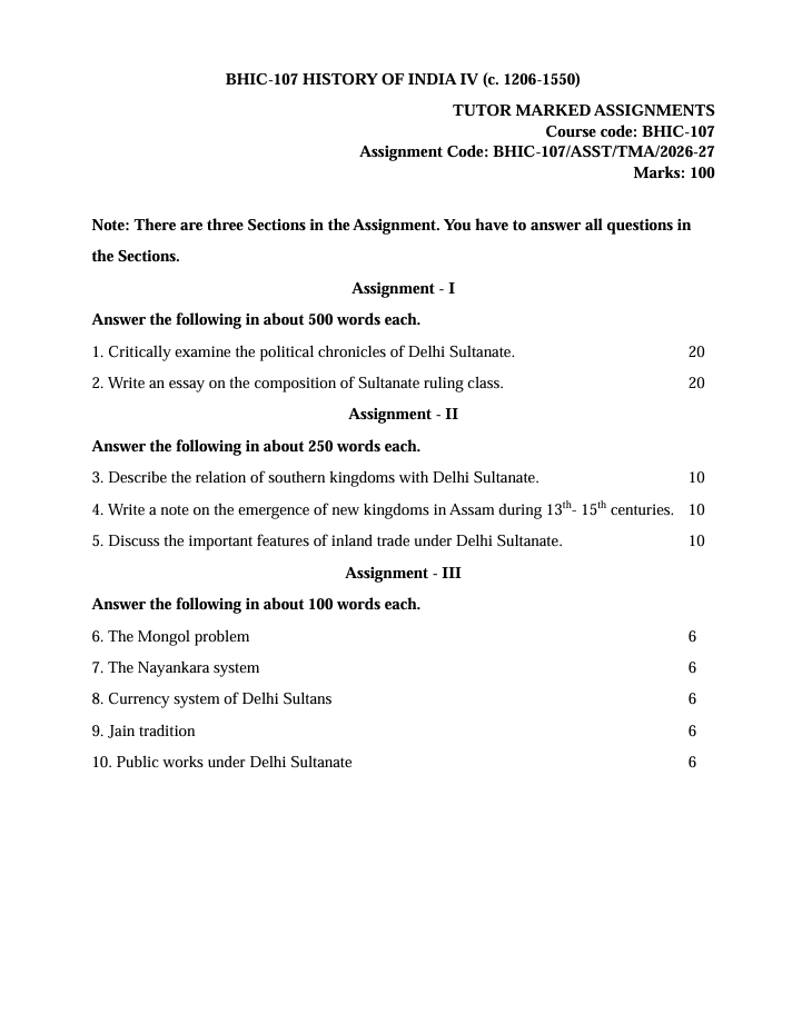 BHIC-107 History of India-IV Assignment 2026-27 for IGNOU BAHIH and BAFHI students. Check assignment details and important questions.