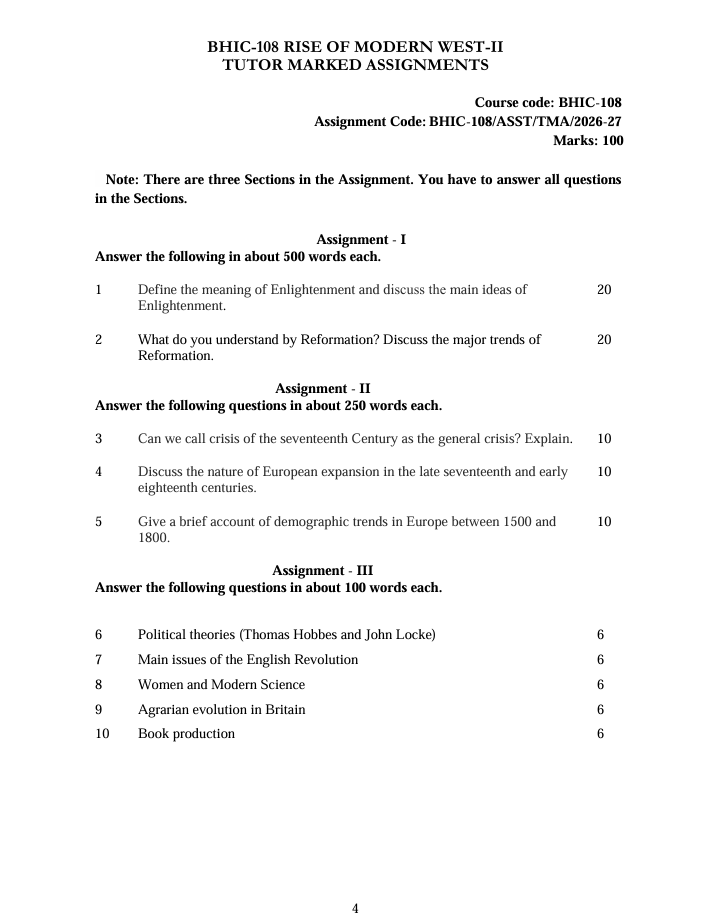 BHIC-108 Rise of Modern West-II Assignment 2026-27 for IGNOU BAHIH and BAFHI students. Check assignment details and important questions.