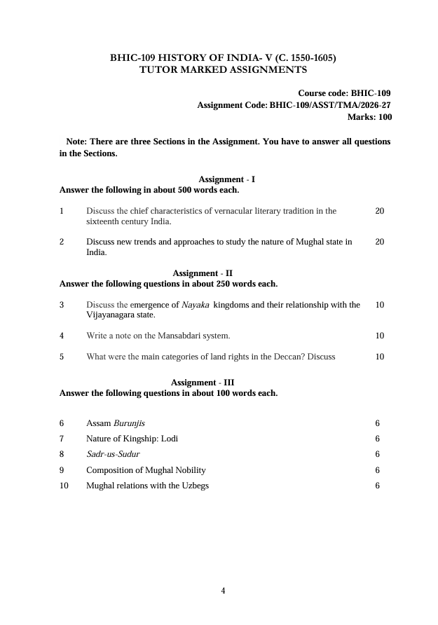 BHIC-109 History of India-V Assignment 2026-27 for IGNOU BAHIH and BAFHI students. Check assignment details and important questions.