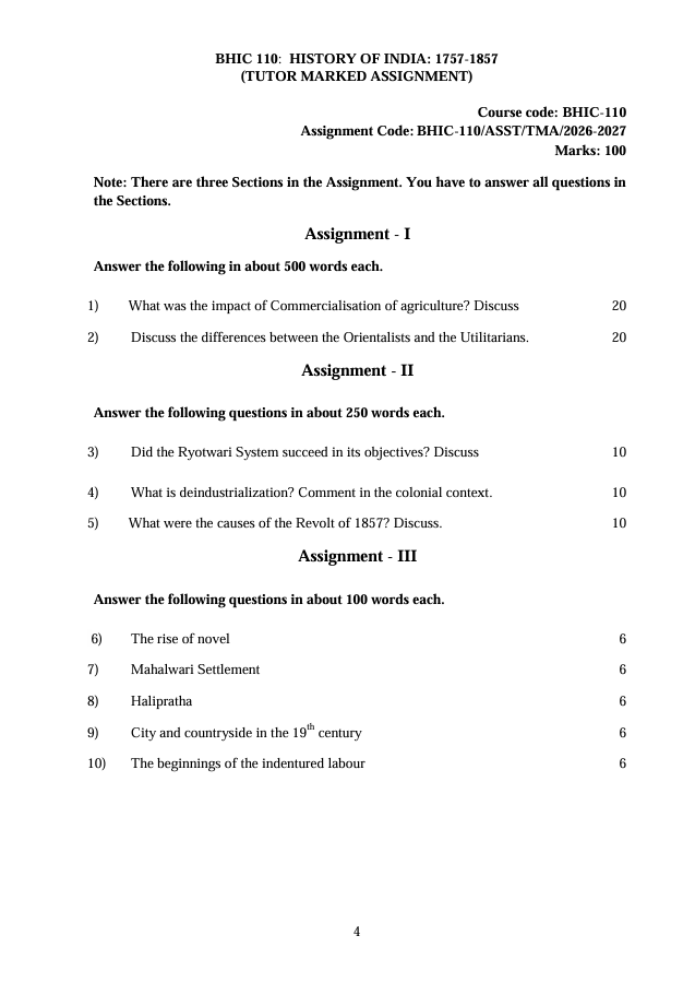 BHIC-110 History of India: 1757-1857 Assignment 2026-27 for IGNOU BAHIH and BAFHI students. Check assignment details and important questions.