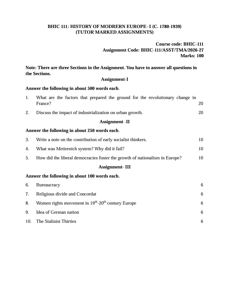 BHIC 111 BHIC-111 History of Modern Europe-I Assignment 2026-27 for IGNOU BAHIH and BAFHI students. Check assignment details and important questions.