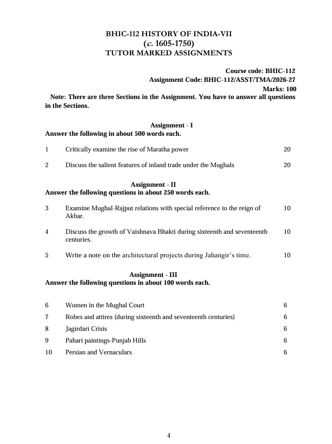 BHIC 112 BHIC-112 History of India-VII Assignment 2026-27 for IGNOU BAHIH and BAFHI students. Check assignment details and important questions.