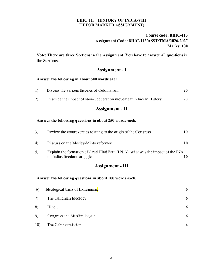 BHIC 113 BHIC-113 History of India-VIII Assignment 2026-27 for IGNOU BAHIH and BAFHI students. Check assignment details and important questions.