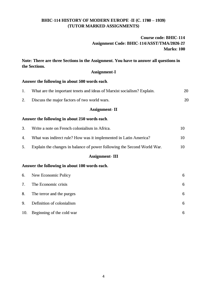 BHIC 114 BHIC-114 History of Modern Europe-II Assignment 2026-27 for IGNOU BAHIH and BAFHI students. Check assignment details and important questions.
