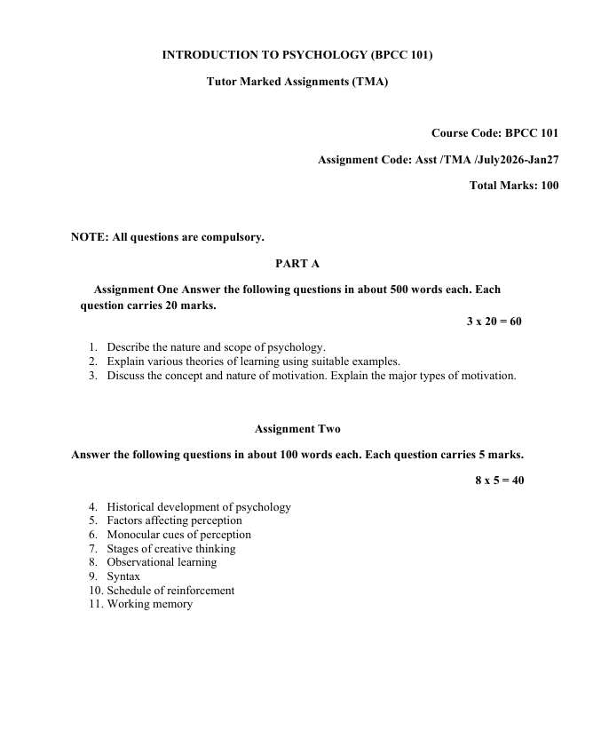 BPCC-101 Introduction to Psychology Assignment 2026-27 for IGNOU BAPCH and BAFPC students. Check assignment details and important questions.