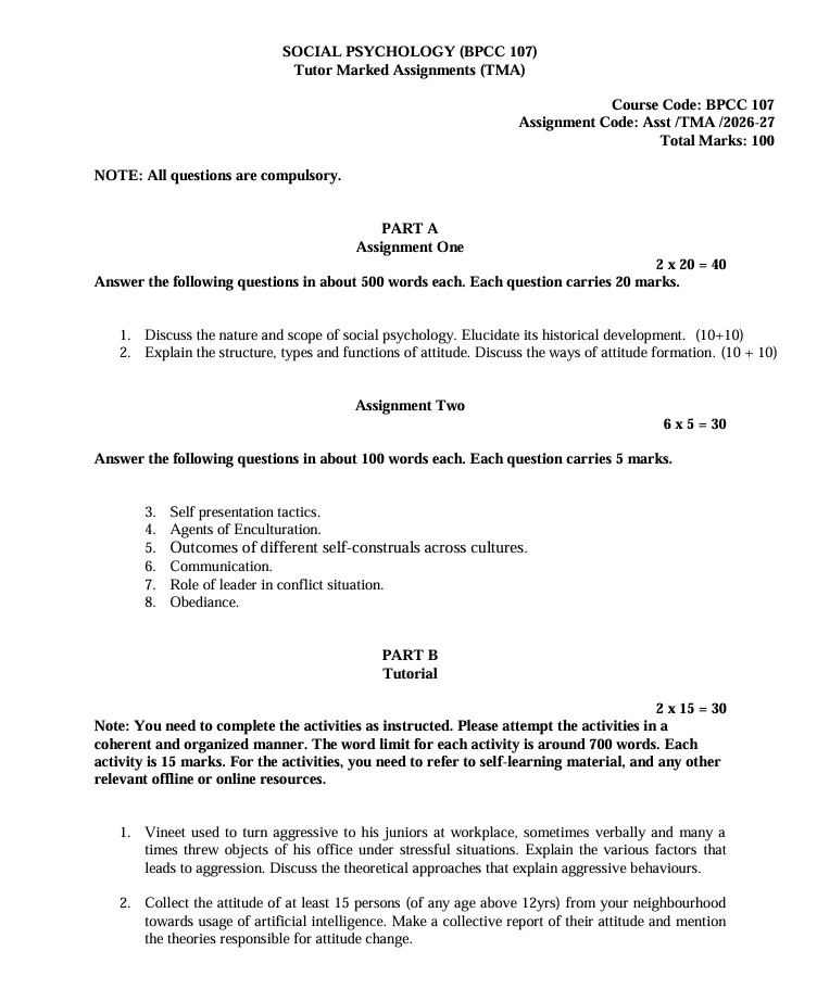 BPCC-107 Social Psychology Assignment 2026-27 for IGNOU BAPCH and BAFPC students. Check assignment details and important questions.