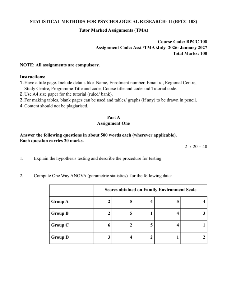 BPCC-108 Statistical Methods for Psychological Research-II Assignment 2026-27 for IGNOU Bachelor of Arts students. Check assignment details and important questions.