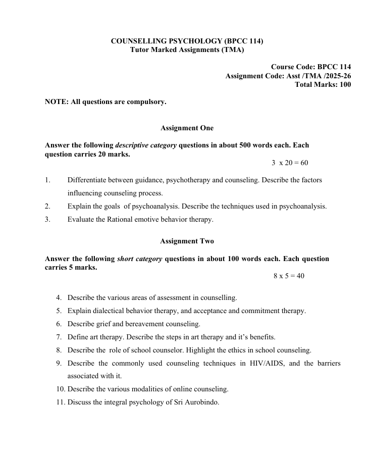 BPCC-114 Counselling Psychology Assignment 2025-26 for IGNOU BAPCH students. Check assignment details and important questions.