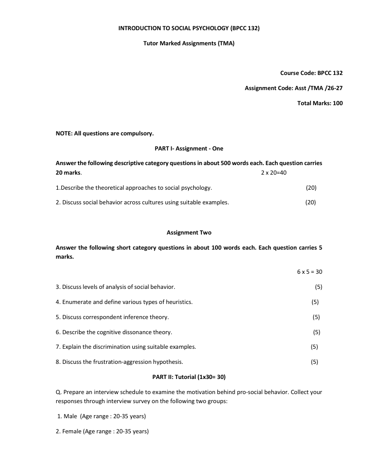 BPCC-132 Introduction to Social Psychology Assignment 2026-27 for IGNOU BAFPC students. Check assignment details and important questions.