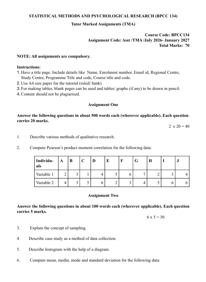 BPCC-134 Statistical Methods for Psychological Research Assignment 2026-27 for IGNOU BAG students. Check assignment details and important questions.