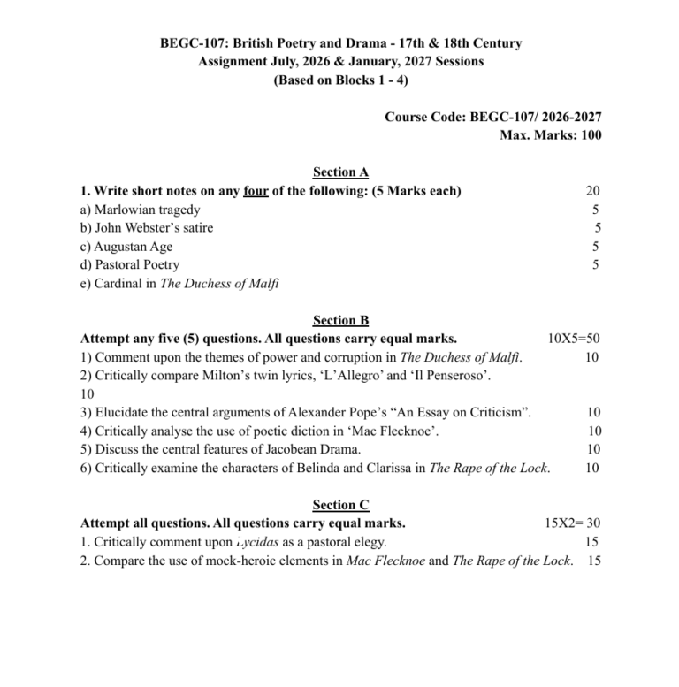 BEGC-107 British Poetry and Drama - 17th & 18th Century Assignment 2026-27 is for students enrolled in the BA English Honours Programme (BAEGH). The assignment is applicable to the July 2026 and January 2027 sessions and is based on Blocks 1 to 4 of the course.