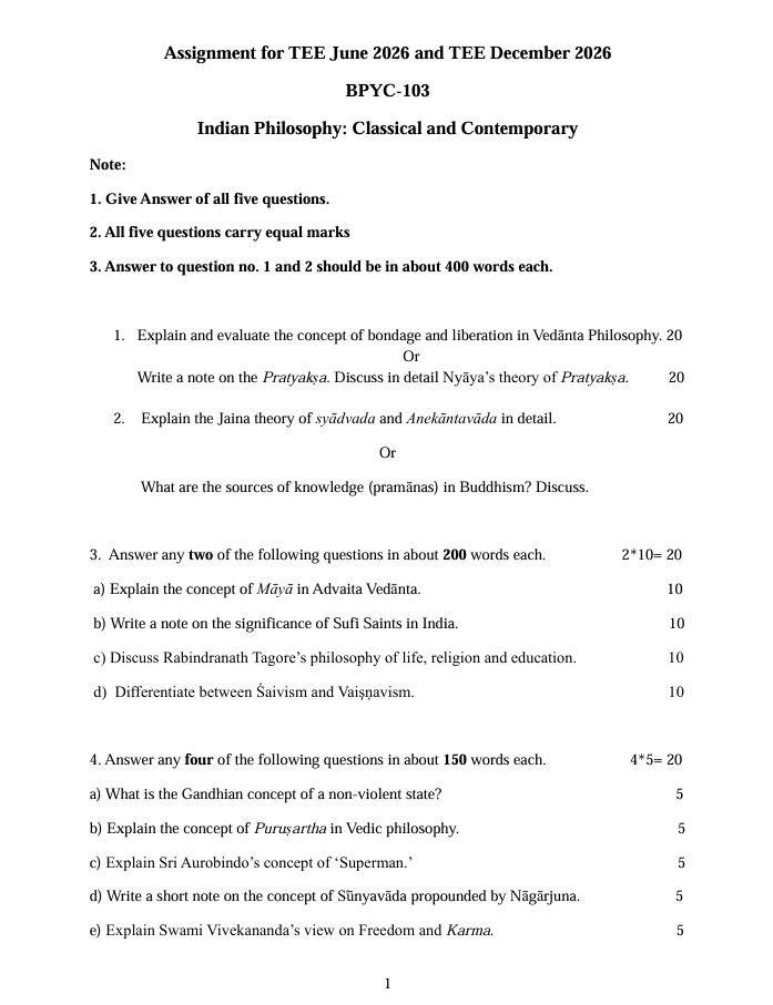 BPYC-103 Indian Philosophy: Classical and Contemporary Assignment 2026 is for students enrolled in the BAFPY Philosophy programme. The assignment is applicable for TEE June 2026 and TEE December 2026.