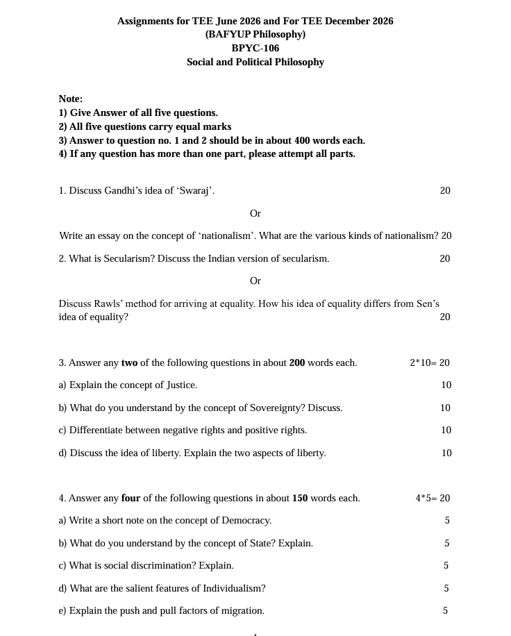 IGNOU BPYC-106 BPYC-106 Social and Political Philosophy Assignment 2026-27 is for students enrolled in the BAFYUP Philosophy programme. The assignment is applicable for TEE June 2026 and TEE December 2026-27.