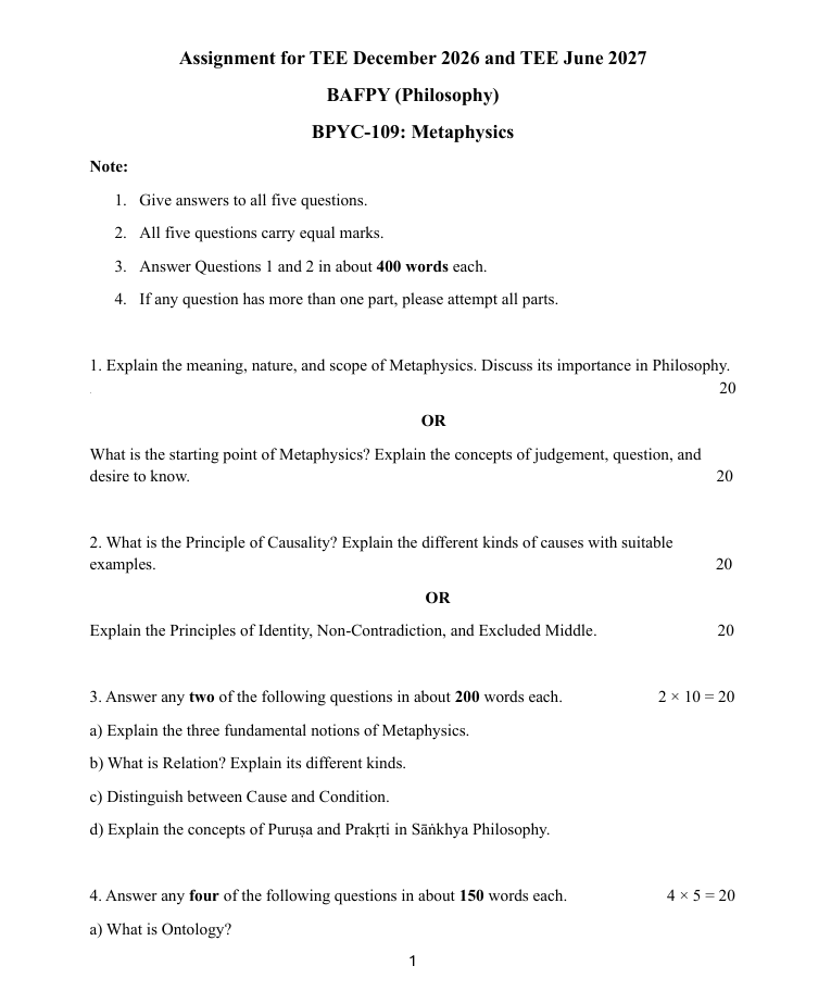 IGNOU BPYC-109 BPYC-109 Metaphysics Assignment 2026-27 is for students enrolled in the BAFPY (Philosophy) programme. The assignment is applicable for TEE December 2026 and TEE June 2027.