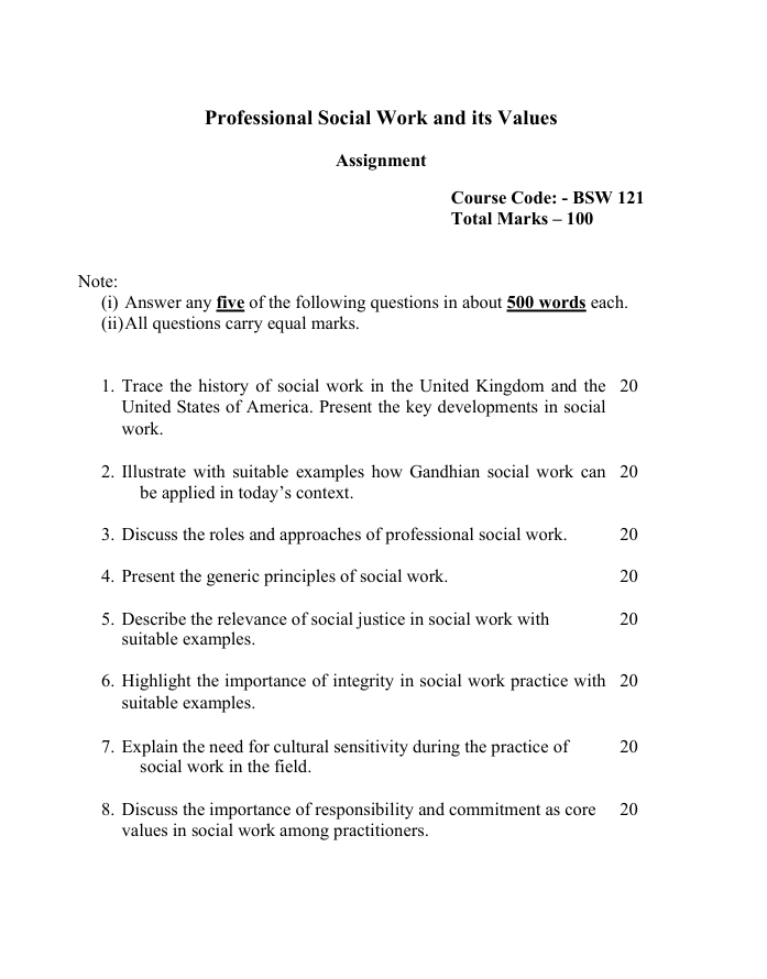 BSW-121 Professional Social Work and its Values Assignment 2026-27 for IGNOU Bachelor of Social Work students. Get assignment details for the BFSW January 2026 and July 2026 sessions, along with the applicable submission dates.