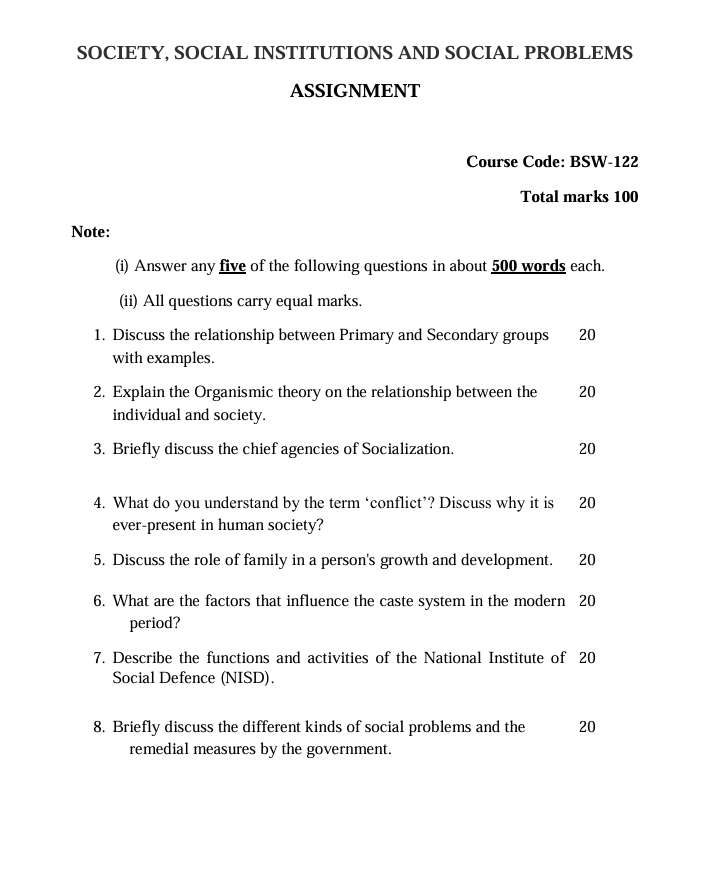 BSW-122 Society, Social Institutions and Social Problems Assignment 2027-28 for IGNOU BFSW students. Check assignment details and submission dates.