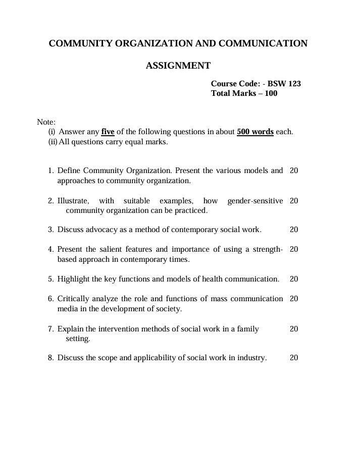 BSW-123 Community Organization and Communication Assignment 2027-28 for IGNOU BFSW students. Check assignment details and submission dates.