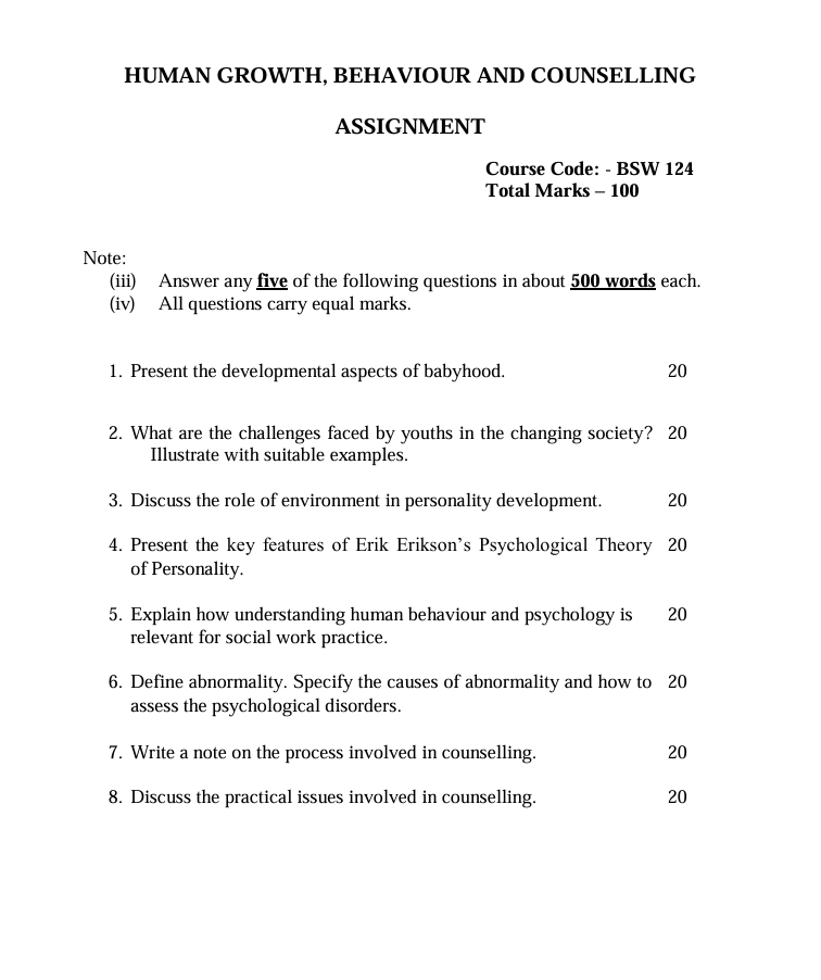 BSW-124 Human Growth, Behaviour and Counselling Assignment 2027-28 for IGNOU BFSW students. Check assignment details and submission dates.