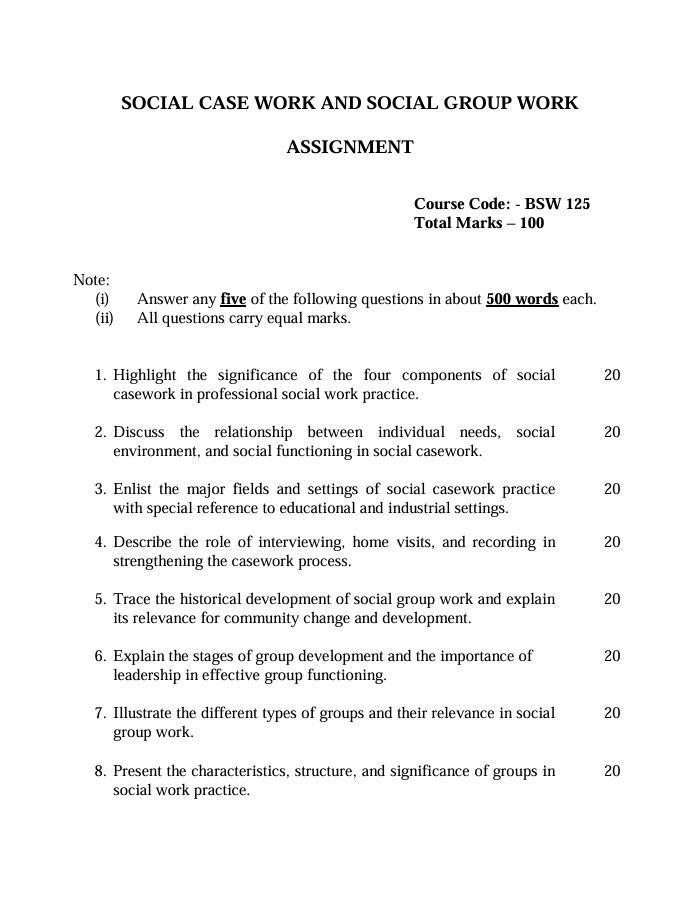 BSW-125 Social Case Work and Social Group Work Assignment 2027-28 for IGNOU BFSW students. Check assignment details and submission dates.