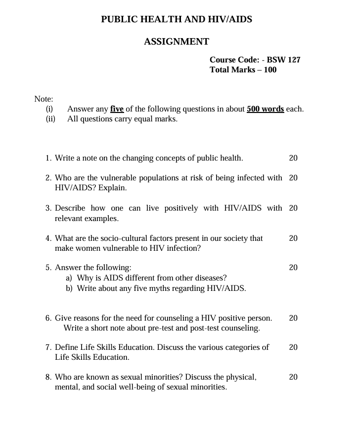 BSW-127 Public Health and HIV/AIDS Assignment 2027-28 for IGNOU BFSW students. Check assignment details and submission dates.