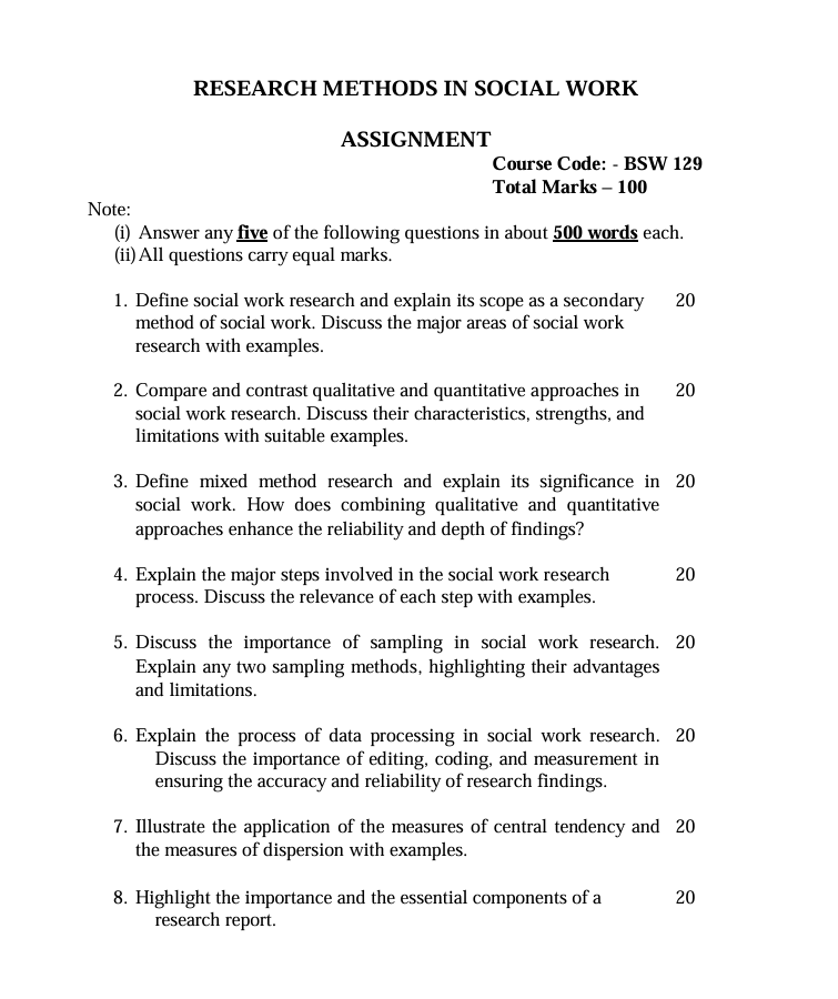 IGNOU BSW-129 BSW-129 Research Methods in Social Work Assignment 2026-27 for IGNOU BFSW students. Check assignment details and submission dates.