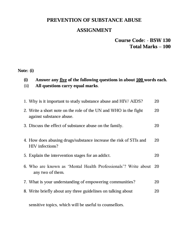 IGNOU BSW 130 BSW-130 Prevention of Substance Abuse Assignment 2026-27 for IGNOU BFSW students. Check assignment details and submission dates.