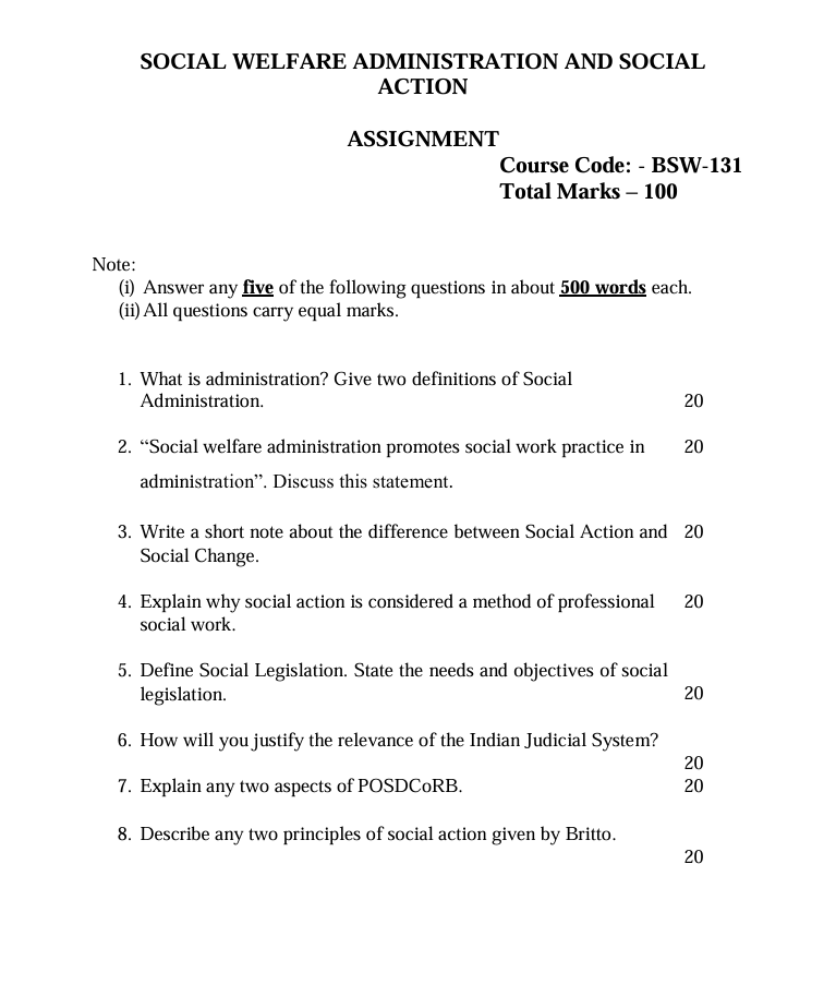 IGNOU BSW-131 BSW-131 Social Welfare Administration and Social Action Assignment 2026-27 for IGNOU BFSW students. Check assignment details and submission dates.