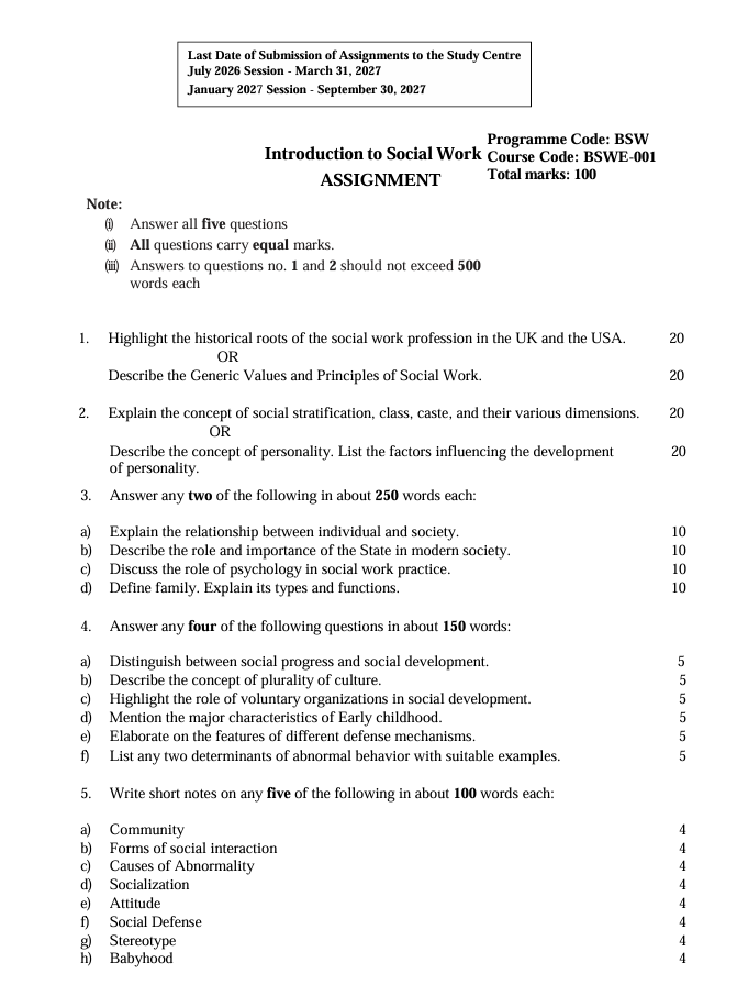 BSWE-001 Introduction to Social Work Assignment 2026-27 for IGNOU Bachelor of Social Work (BSW) students. Get assignment details for July 2026 and January 2027 sessions, with a maximum of 100 marks.
