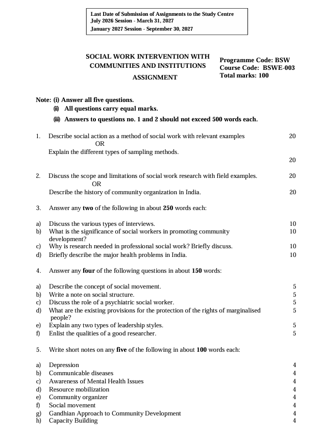 IGNOU BSWE-003 BSWE-003 Social Work Intervention with Communities and Institutions Assignment 2026-27 for IGNOU Bachelor of Social Work (BSW) students. Get assignment details for July 2026 and January 2027 sessions, with a maximum of 100 marks.
