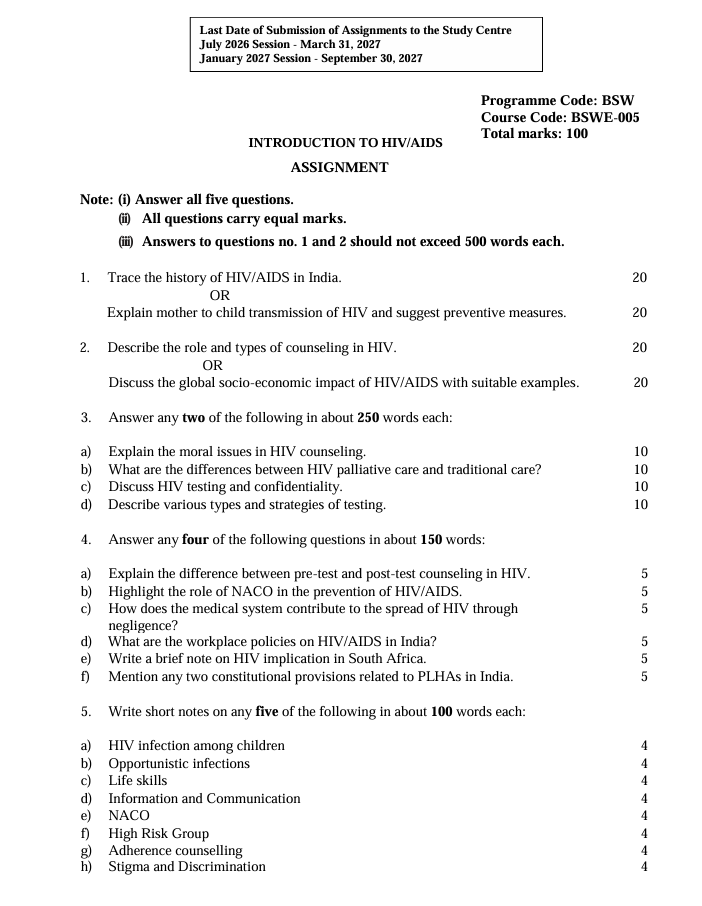 IGNOU BSWE-005 BSWE-005 Introduction to HIV/AIDS Assignment 2026-27 for IGNOU Bachelor of Social Work (BSW) students. Get assignment details for July 2026 and January 2027 sessions, with a maximum of 100 marks.