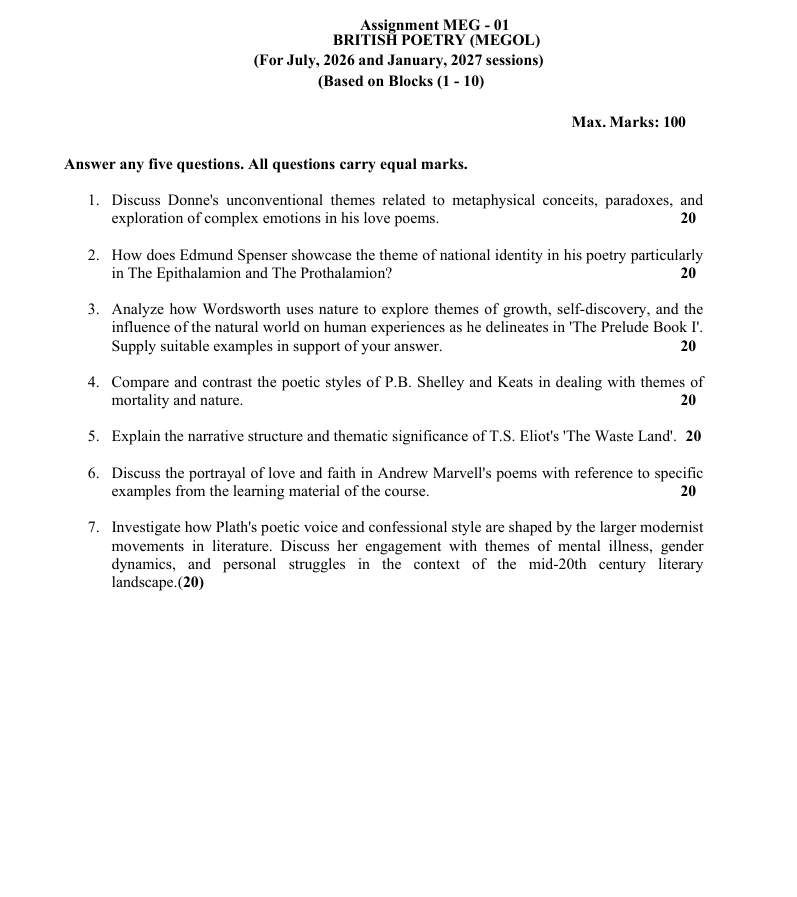 IGNOU MEG-01 MEG-01 British Poetry assignment is for the July 2026 and January 2027 sessions. It is prepared for students of the Master’s Degree in English (MEG Online-MEGOL) programme and is based on Blocks 1–10.