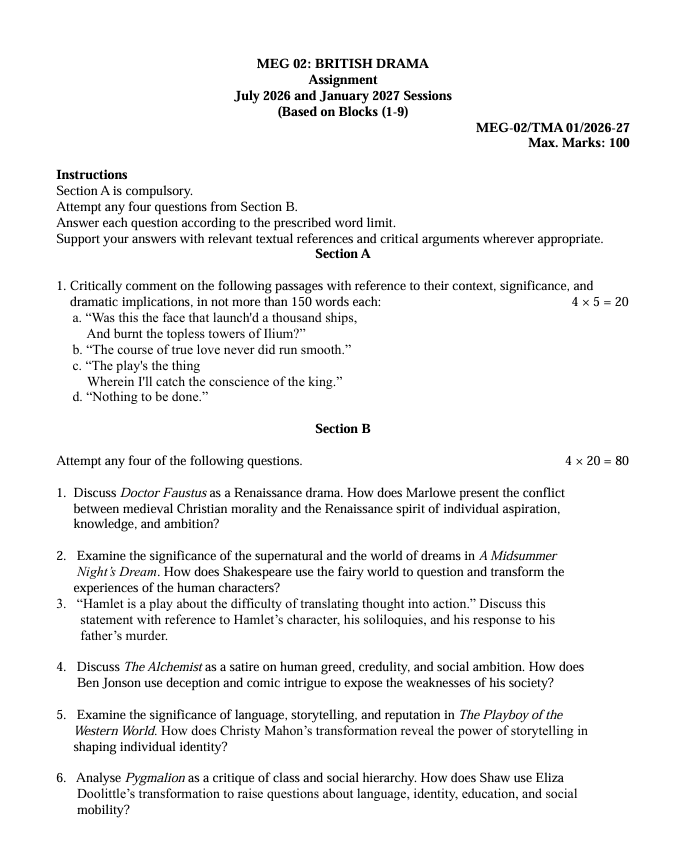 IGNOU MEG-02 MEG-02 British Drama Solved Assignment for July 2026 and January 2027 sessions. Prepared for MEG students, based on Blocks 1–9