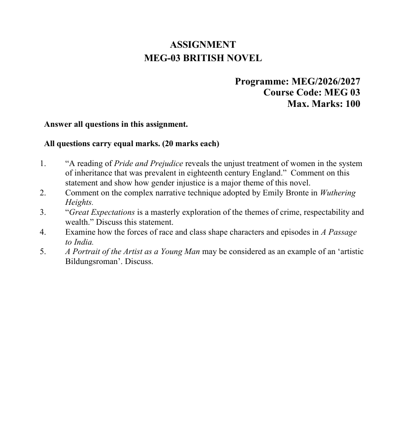 IGNOU MEG-03 **MEG-03 British Novel Solved Assignment for July 2026 and January 2027 sessions. Prepared for Master’s Degree in English (MEG) students.**