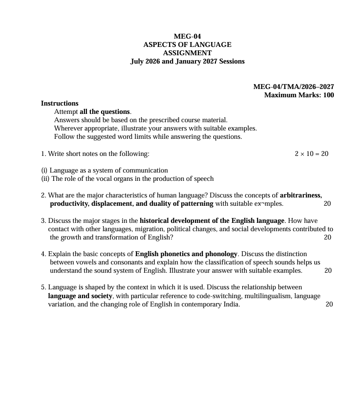 IGNOU MEG-04 MEG-04 Aspects of Language assignment is for the July 2026 and January 2027 sessions. It is prepared for students of the Master’s Degree in English (MEG) programme and covers the major aspects of language and its study.