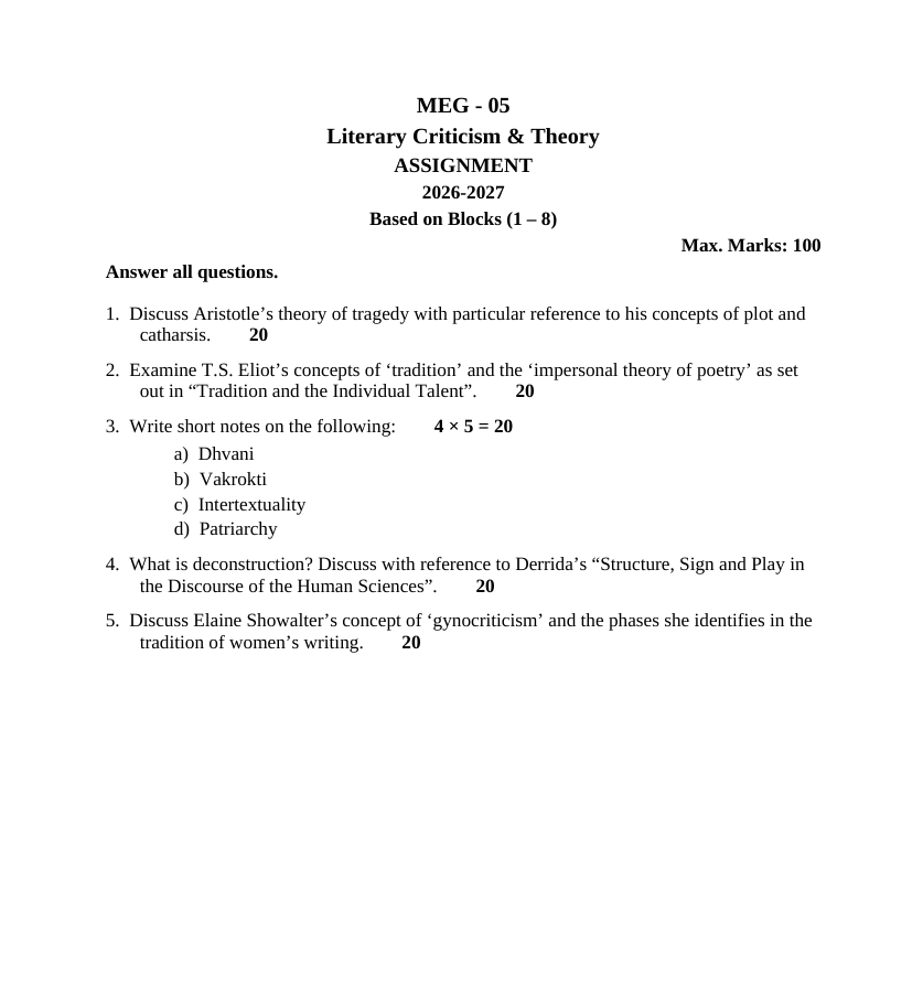 IGNOU MEG-05 **MEG-05 Literary Criticism & Theory Solved Assignment for July 2026 and January 2027 sessions. Prepared for MEG students, based on Blocks 1–8