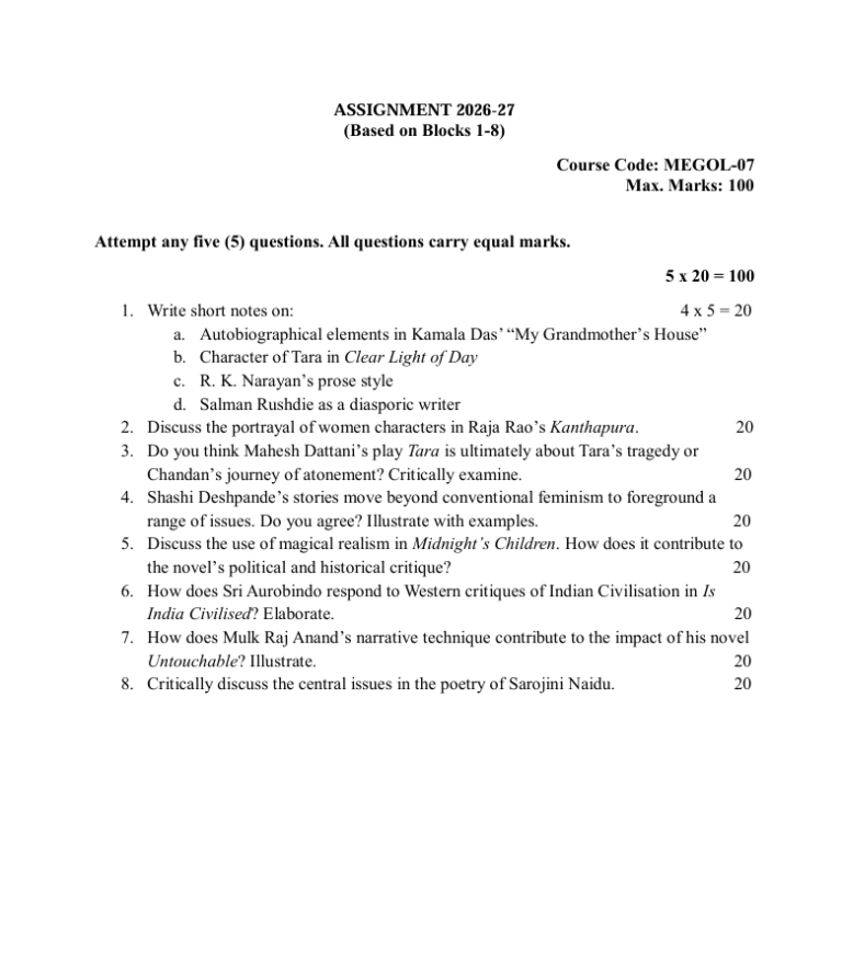 MEGOL-07 Indian English Literature Assignment 2026-27 for IGNOU MEG Online students. Get assignment details for July 2026 and January 2027 sessions.