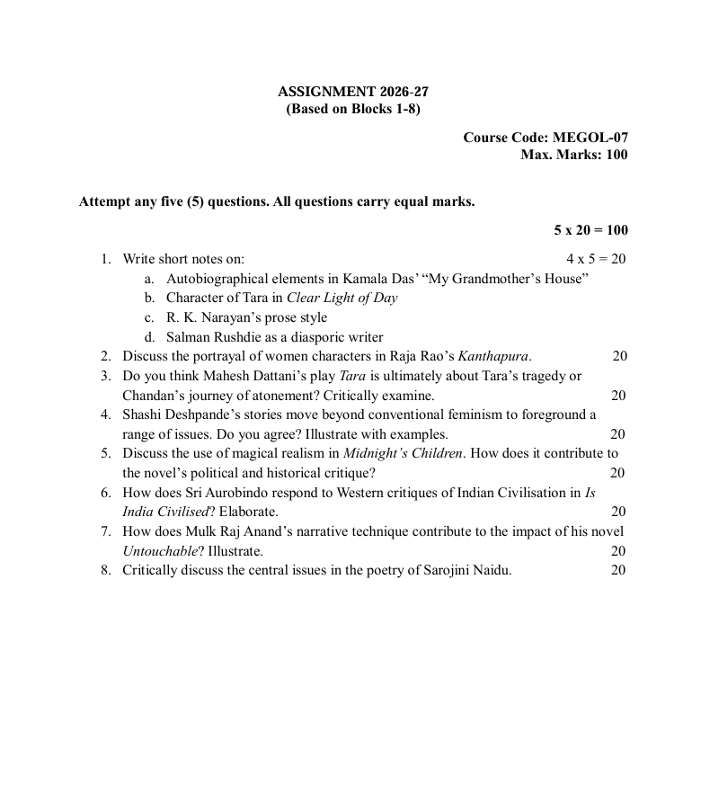 IGNOU MEG-07 MEGOL-07 Indian English Literature Assignment 2026-27 for IGNOU MEG Online students. Get assignment details for July 2026 and January 2027 sessions.