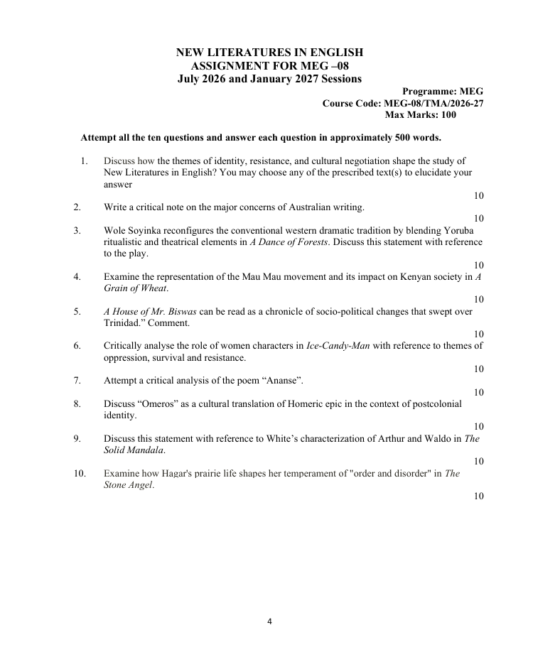 IGNOU MEG-08 MEG-08 New Literatures in English Assignment 2026-27 for IGNOU MEG students. Get assignment details for July 2026 and January 2027 sessions.