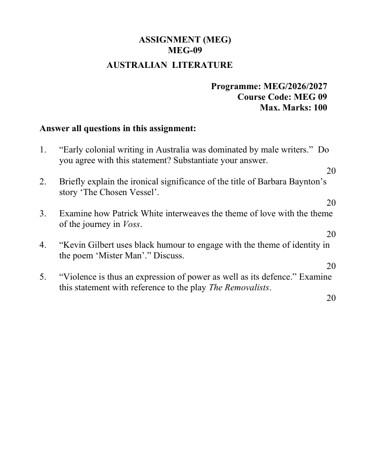 MEG-09 Australian Literature Assignment 2026-27 for IGNOU MEG students. Get assignment details for July 2026 and January 2027 sessions.